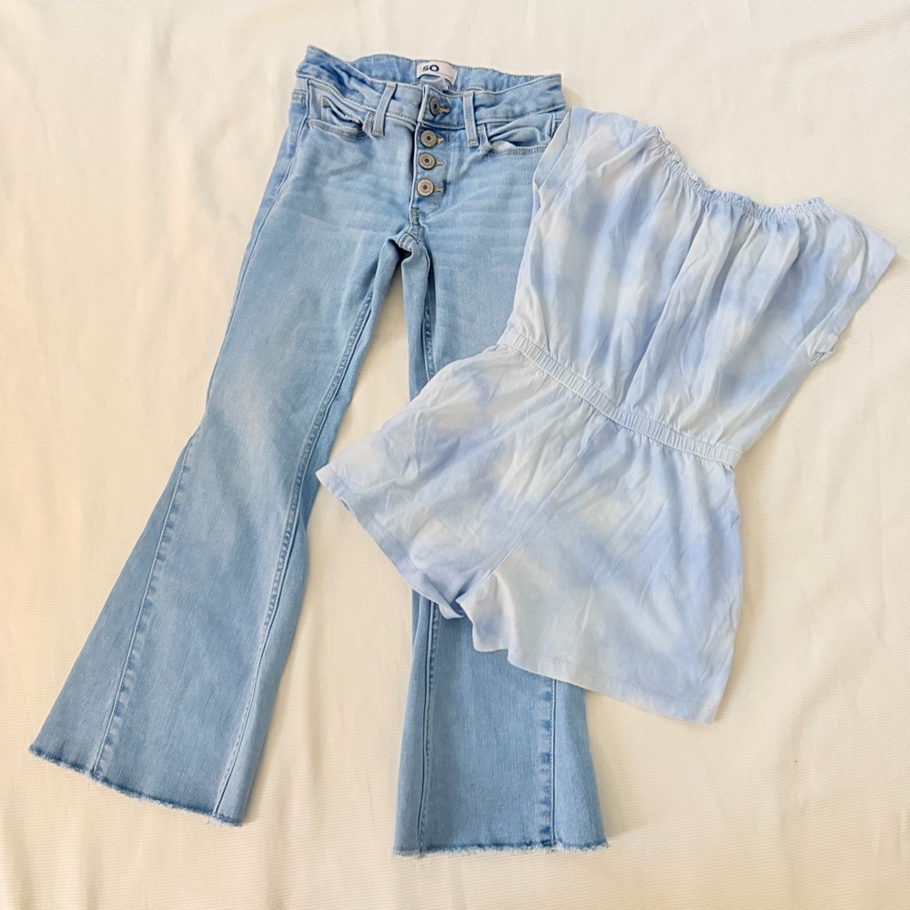 Girls Set of 3 Blue Jeans Pink Pants Romper Shorts 7-8